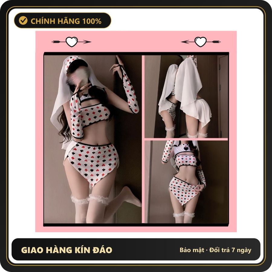 (Che Tên) Đồ Cosplay Hầu Gái Hoạ Tiết Poker Trái Tim Dễ Thương Gợi Cảm Set Ngủ Maid Nữ Tu Kèm Phụ Kiện Đáng Yêu - N598 - Hàng Mới Về