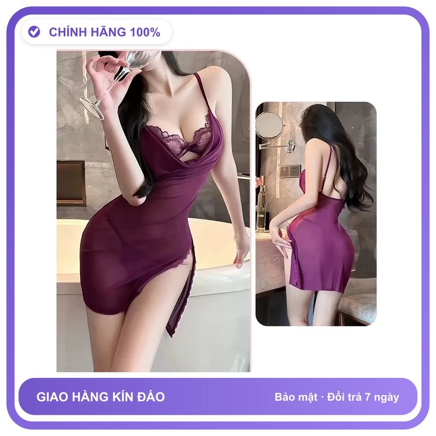 Váy Ngủ 2 Dây Ren Mềm Mịn Xẻ Tà N185 Tím chính hãng - phối ren, co giãn thoải mái, freesize - giao hàng che tên kín đáo