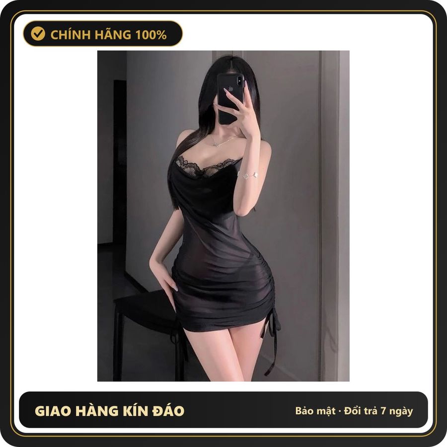 (Che Tên) Váy Ngủ Ren Cổ Đổ Dây Rút Hông Siêu Đẹp Gợi Cảm Đầm 2 Dây Ôm Body Kèm Chip Tôn Dáng Quyến Rũ - N297 Đen Hỗ Trợ 24/7