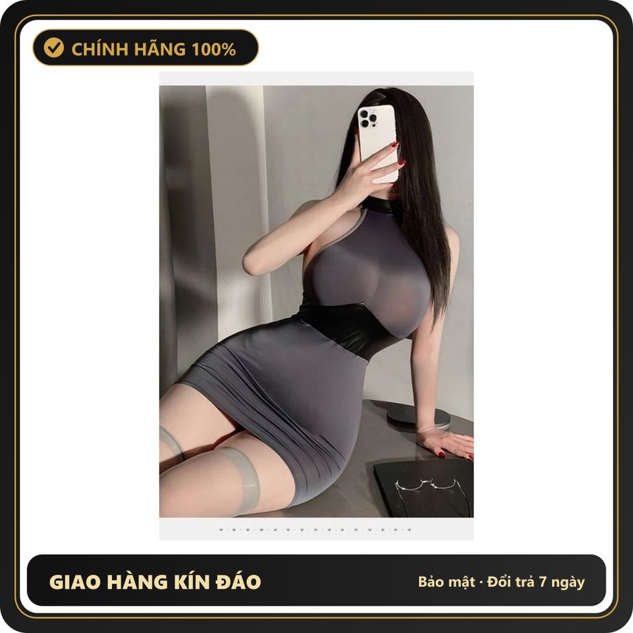 (Che Tên) Váy Ngủ Ôm Body Phối Đai Lưng Da Đầm Thư Ký Cổ Yếm Hở Lưng - N241 Xám Bảo Mật Tuyệt Đối