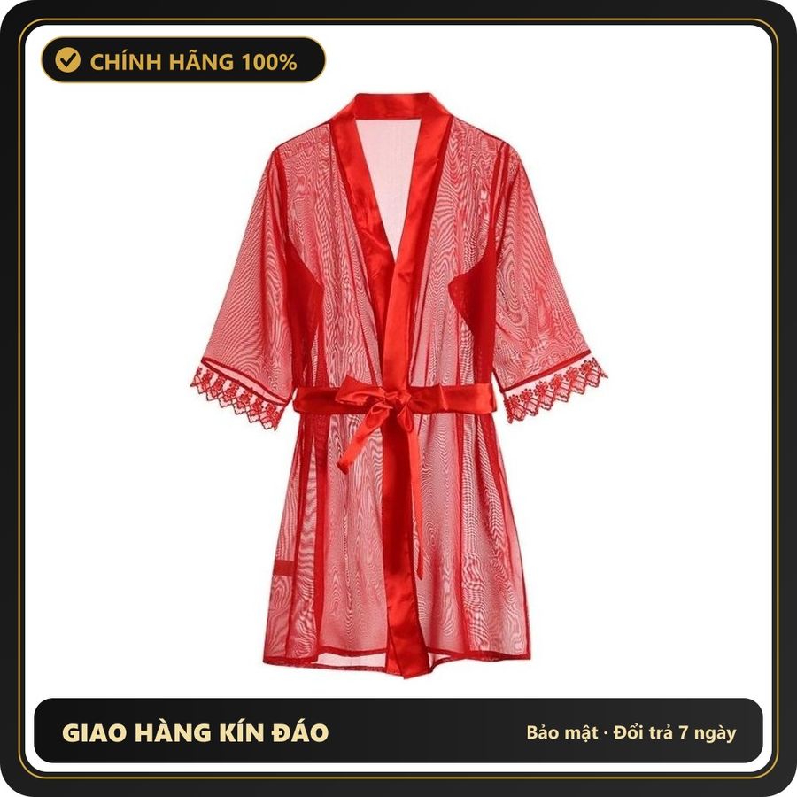 (Che Tên) Áo Choàng Ngủ Xuyên Thấu Phối Ren Mềm Mại Gợi Cảm Áo Khoác Ngoài Nữ Mặc Nhà Có Thắt Lưng Quyến Rũ – N256 Đỏ Bảo Mật Tuyệt Đối