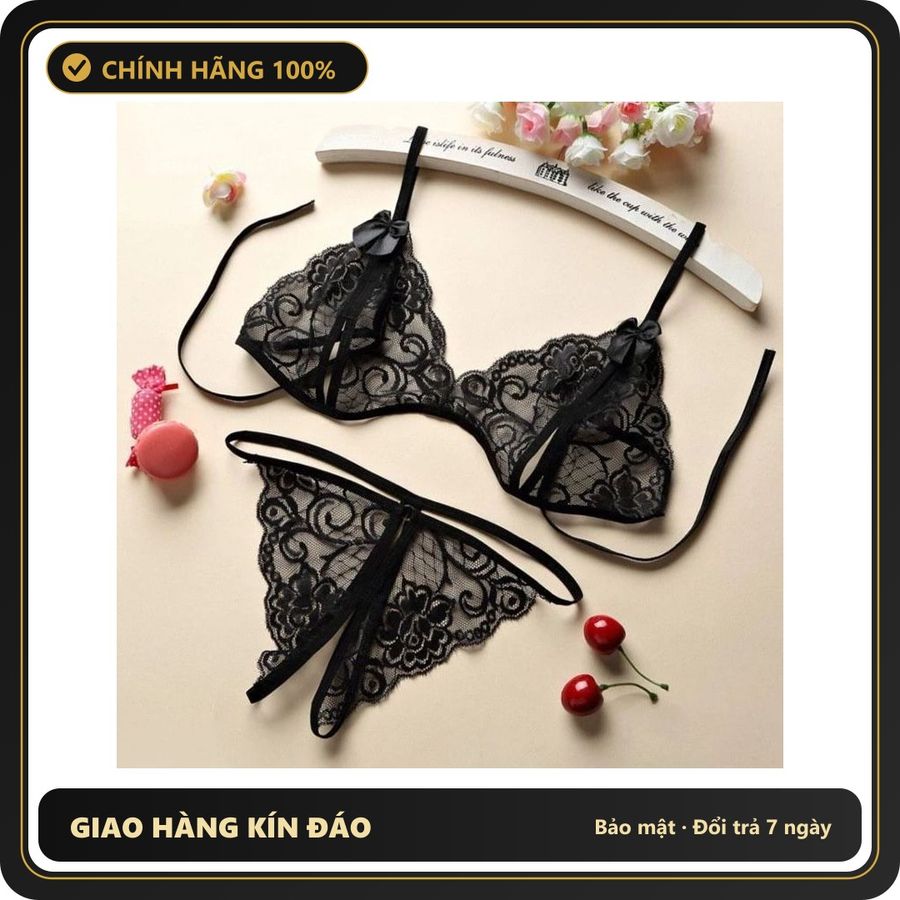 (Che Tên) Bộ Đồ Lót Ren Sexy Gợi Cảm Quần Lót Nữ Lọt Khe Xẻ Đáy Kèm Áo Lót Bralette Quyến Rũ Đáng Yêu - T310 Đen - Hàng Mới Về