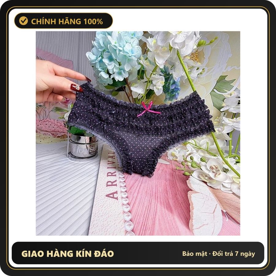 (Che Tên) Quần Lót Lưng Thun Nhún Bèo Cạp Cao Đáng Yêu Xinh Xắn Quần Chip Nữ Ren Mềm Mại Phối Hoa Nơ Sexy - T303 Đen Chấm Bi Bảo Mật Tuyệt Đối