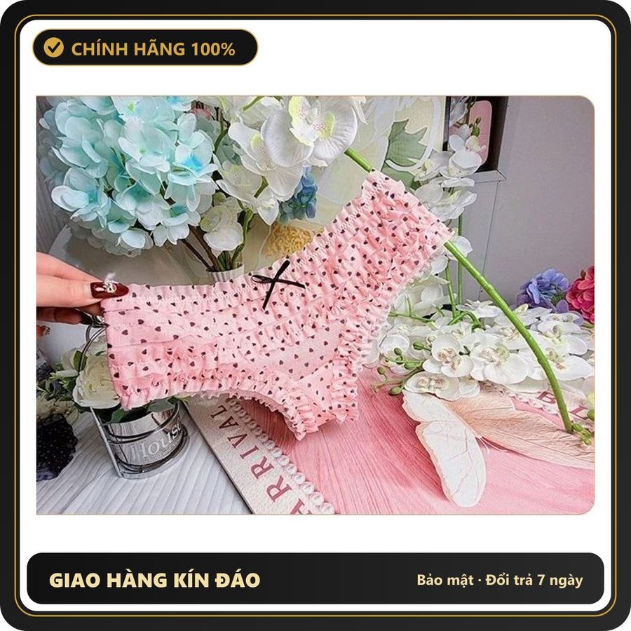 (Che Tên) Quần Lót Lưng Thun Nhún Bèo Cạp Cao Quần Chip Nữ Ren Phối Hoa Nơ Sexy - T303 Hồng Tim Chuẩn Auth