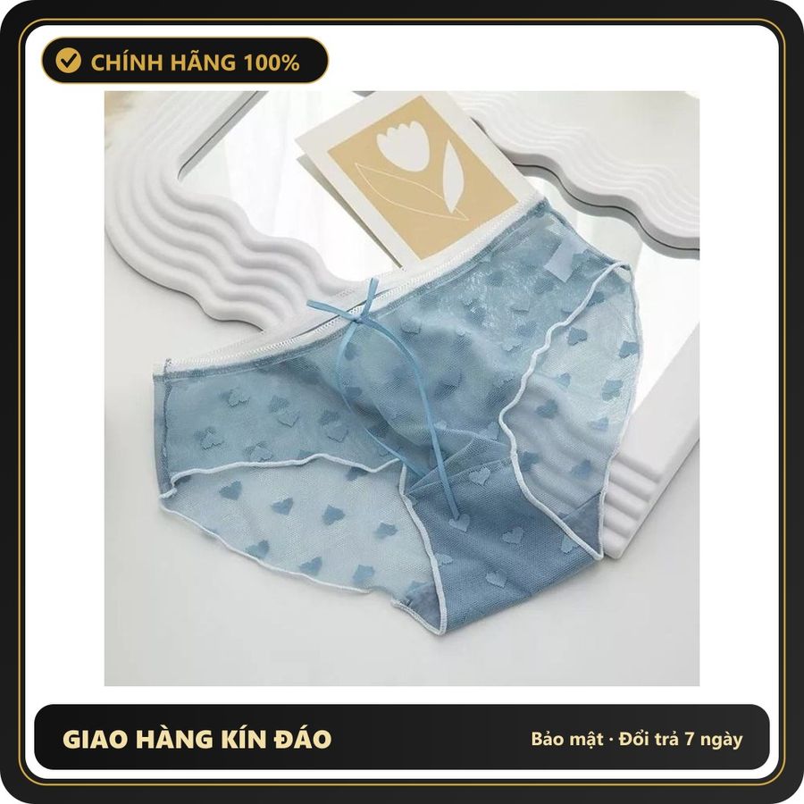 (Che Tên) Quần Lót Ren Xuyên Thấu Hoạ Tiết Trái Tim Quần Chip Nữ Đính Nơ - T332 Xanh Dương Hộp Trắng Kín