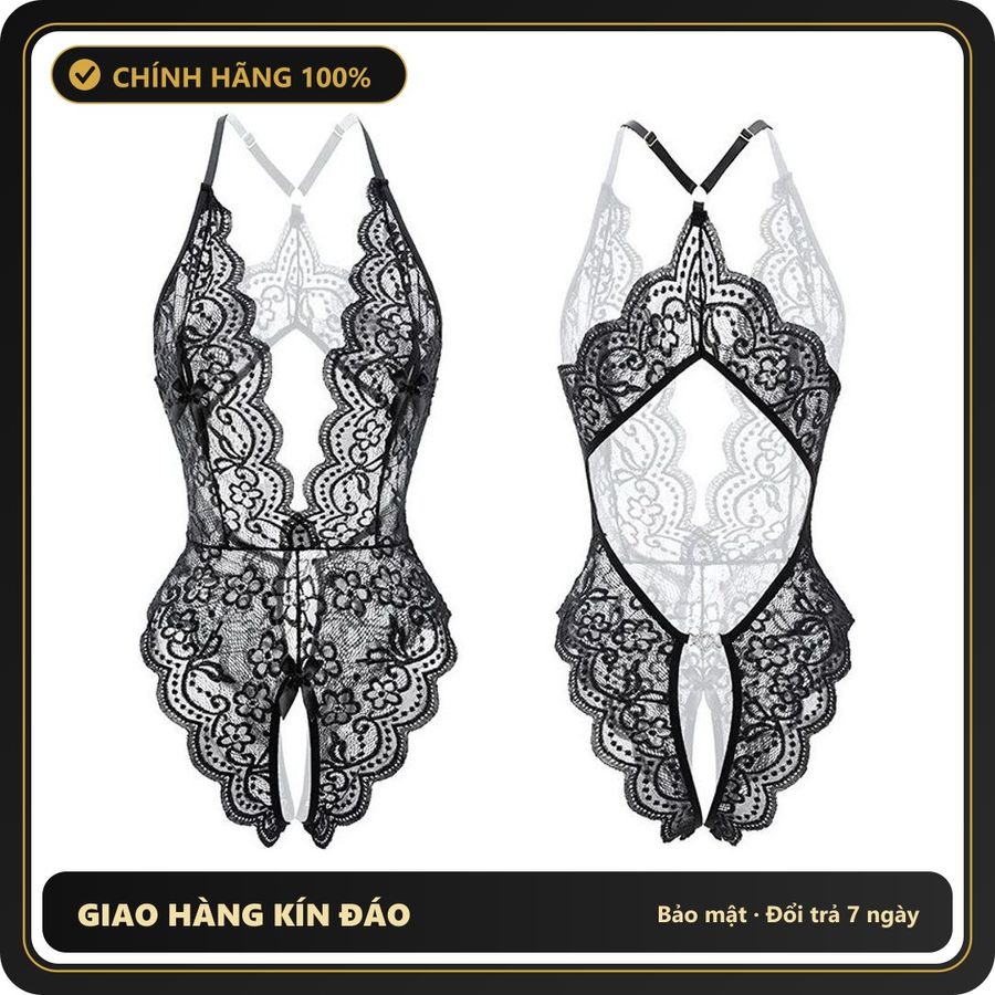 (Che Tên) Bodysuit Ren Hoa Xẻ Ngực Đồ Ngủ Liền Thân Hở Đũng - N940 Đen - Hàng Mới Về