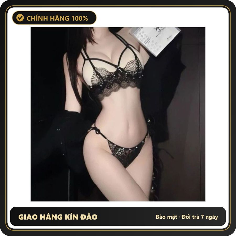 (Che Tên) Đồ Lót Nữ Ren Xuyên Thấu Đính Hạt Đáng Yêu Quyến Rũ Set Nội Y Lingerie Cột Dây Gợi Cảm Ngọt Ngào - T368 Đen - Hàng Mới Về