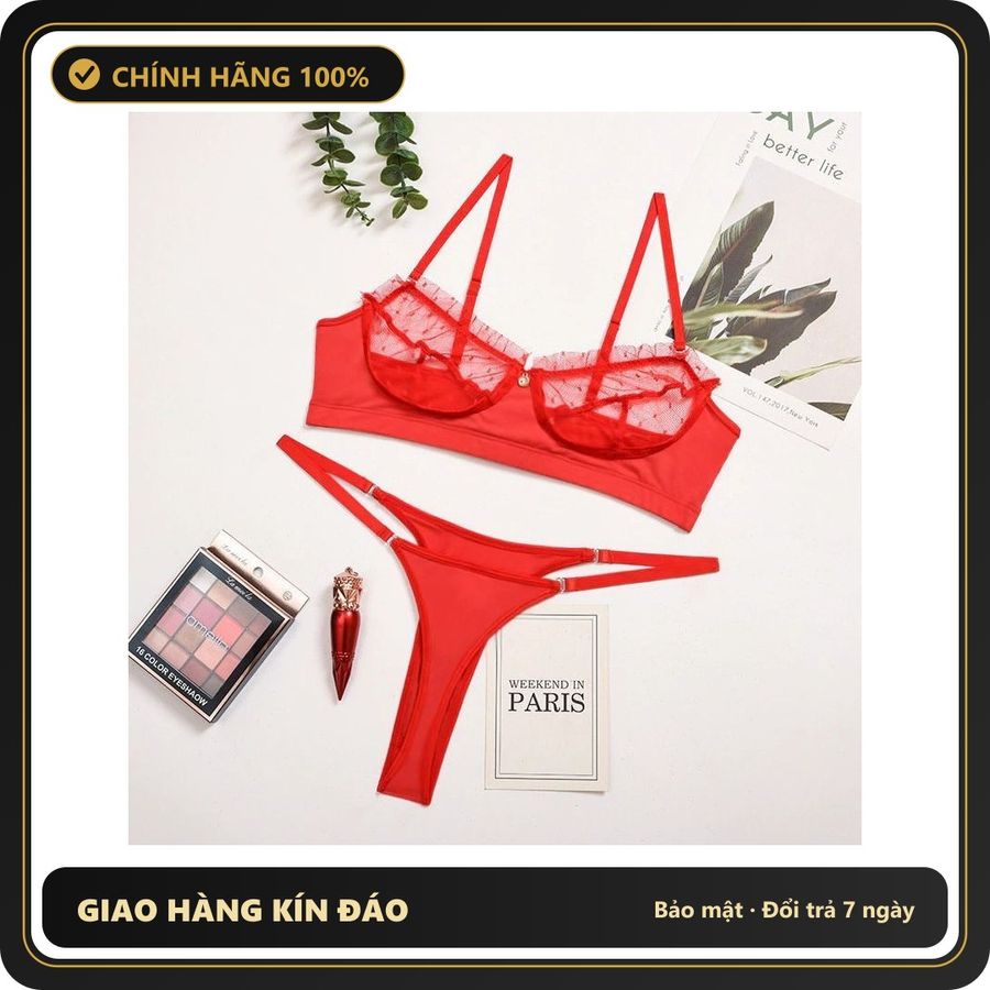 (Che Tên) Bộ Đồ Lót Ren Bèo Chấm Bi Set Nội Y Nữ Lưới - T337 Đỏ Bảo Mật Tuyệt Đối