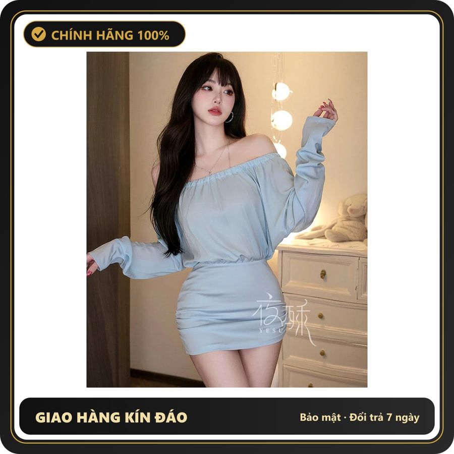 (Che Tên) Set Đầm Body Trễ Vai Hở Lưng Siêu Xinh Quyến Rũ Váy Ngủ Tiểu Thư Dài Tay Ôm Hông Gợi Cảm Thanh Lịch - N298 Xanh Dương Giao Nhanh Toàn Quốc