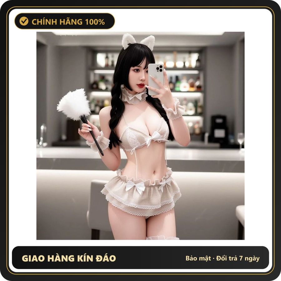 (Che Tên) Cosplay Hầu Gái Anime Xẻ V1 Phối Nơ Váy Ngủ Xếp Ly Nàng Hầu - N371 Gold Cao Cấp Bảo Đảm