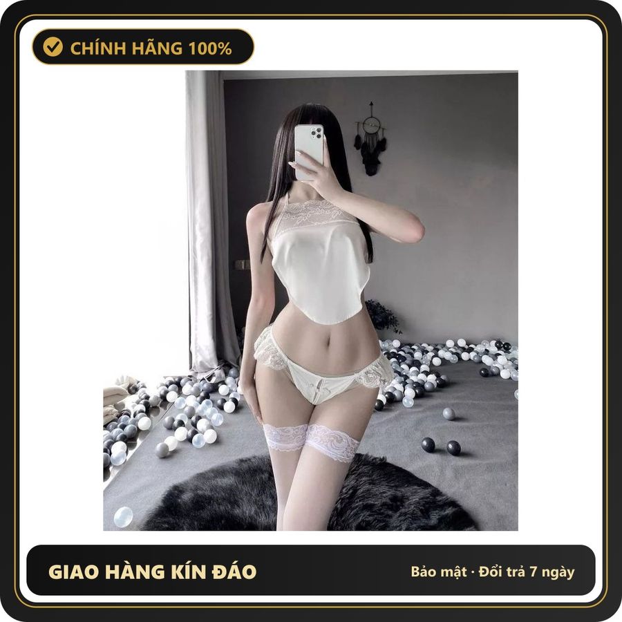 (Che Tên) Set Đồ Ngủ Lụa Hở Lưng Quyến Rũ Dễ Thương Áo Ngủ Yếm- N114 Trắng Cao Cấp Bảo Đảm