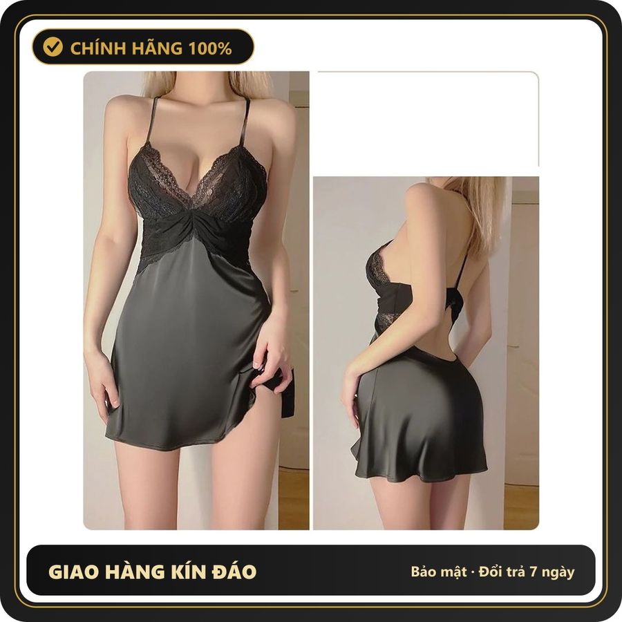 (Che Tên) Váy Ngủ Lụa Phối Ren Ngực Gợi Cảm Dễ Thương Đầm Mặc Nhà Hở Lưng Sexy Tặng Chip Lọt Khe Quyến Rũ - N178 Đen Chuẩn Auth