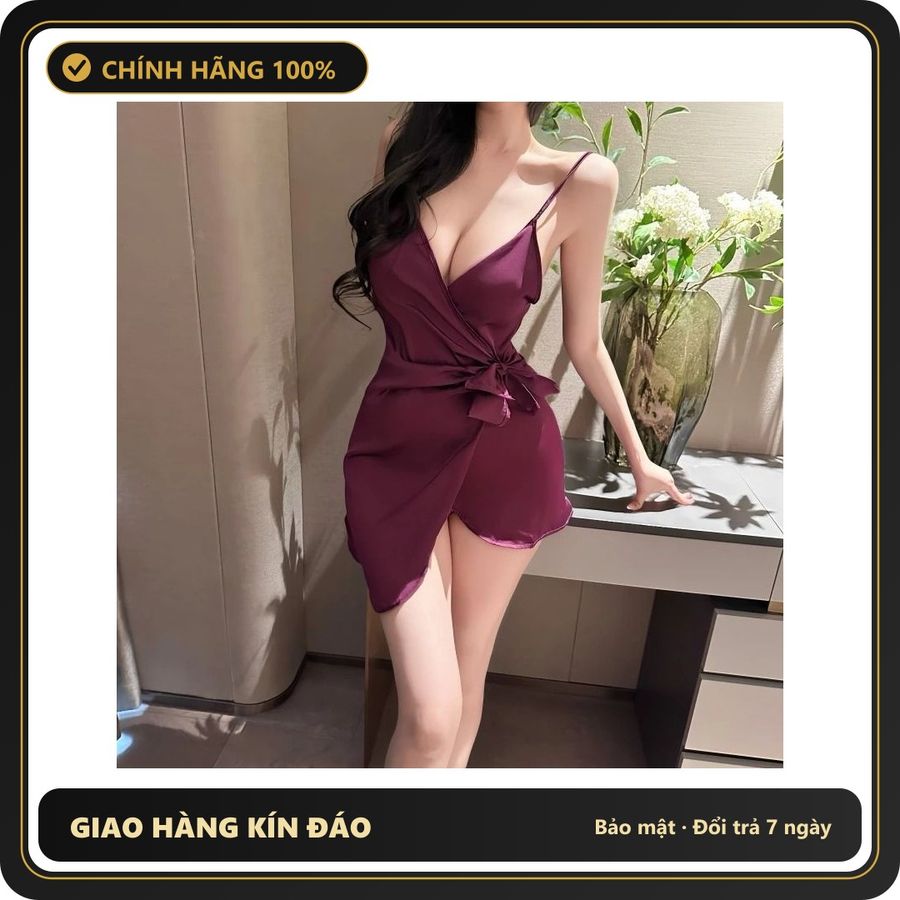 (Che Tên) Đầm Ngủ Lụa Sexy Cột Dây Hông Gợi Cảm Sang Trọng Váy Ngủ Tiểu Thư Mặc Nhà Ôm Body Tôn Dáng Quyến Rũ – N203 Tím Hộp Trắng Kín