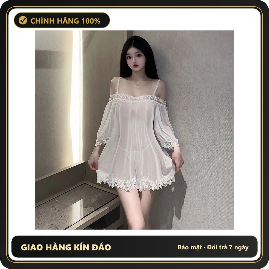 (Che Tên) Đầm Thức Ren Xuyên Thấu Sexy Trễ Vai Dáng Tiểu Thư Siêu Xinh Gợi Cảm Váy Ngủ Nữ 2 Dây Quyến Rũ - N166 Trắng Bảo Mật Tuyệt Đối