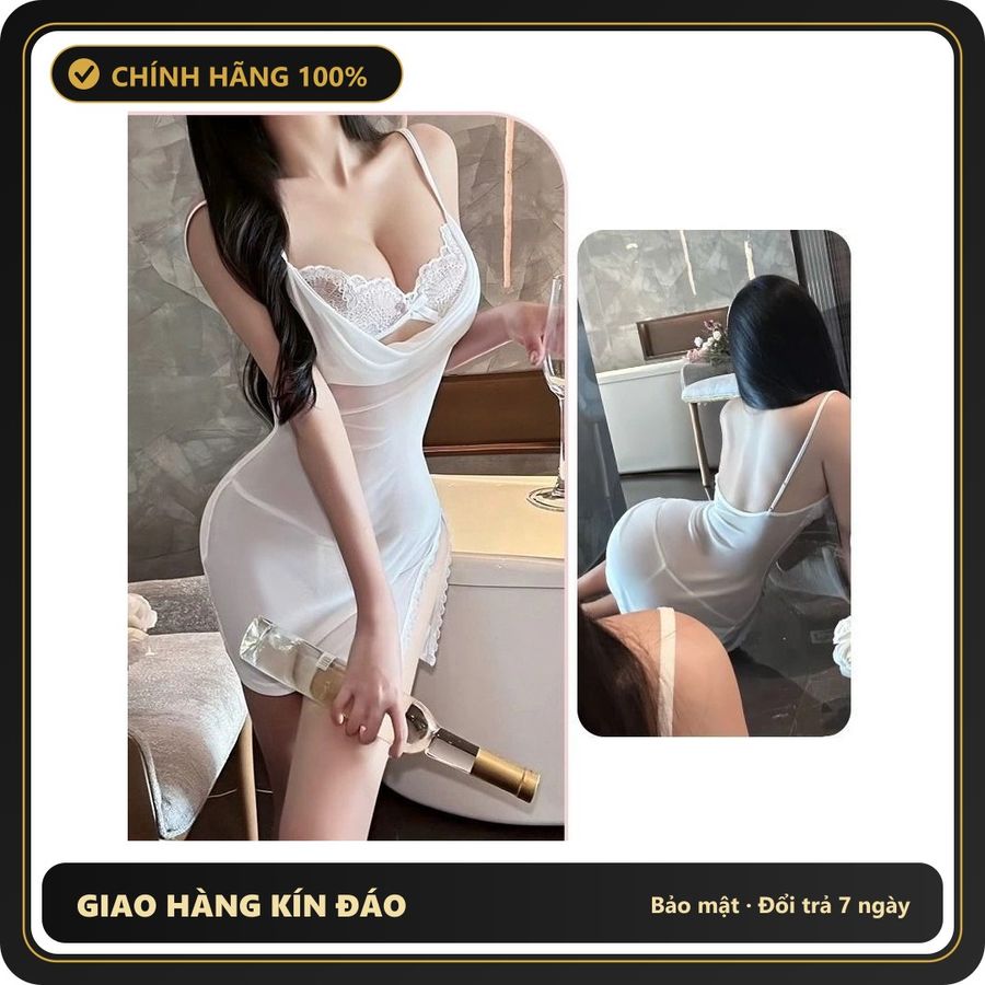 (Che Tên) Váy Ngủ 2 Dây Ren Mềm Mịn Xẻ Tà Hông Đầm Body Quảng Châu Mặc Nhà Kèm Chip Xinh - N185 Trắng Hộp Trắng Kín
