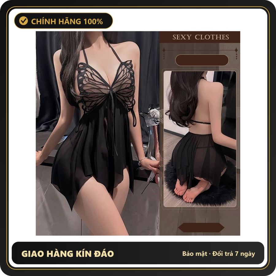 (Che Tên) Váy Ngủ Sexy Cánh Bướm Ren Xuyên Thấu Xẻ Tà Gợi Cảm Đầm Cổ Yếm Hở Lưng Tặng Chip Lọt Khe Quyến Rũ - N214 Đen - Hàng Mới Về