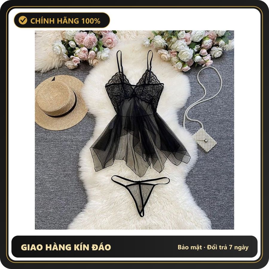 (Che Tên) Bộ Đồ Váy Ngủ Nữ Sexy Ren Đuôi Cá Xuyên Thấu Gợi Cảm Đầm 2 Dây Kèm Quần Lót Lọt Khe Siêu Quyến Rũ - N118 Đen Chuẩn Auth