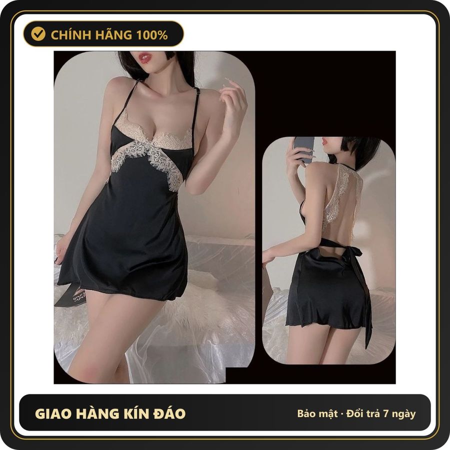 (Che Tên) Váy Ngủ Lụa Phối Ren Ngực Gợi Cảm Bonita Đầm Hot Girl Mặc Nhà Cột Dây Lưng Sexy Tặng Chip Quyến Rũ - N186 Đen Giao Nhanh Toàn Quốc