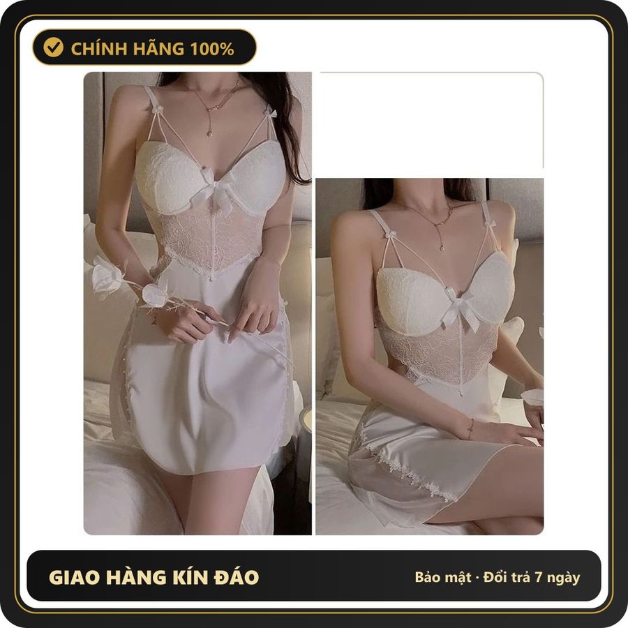 (Che Tên) Váy Ngủ Lụa Cao Cấp Có Mút Ngực Phối Ren Sexy Gợi Cảm Đầm Thức - N160 Trắng Hộp Trắng Kín