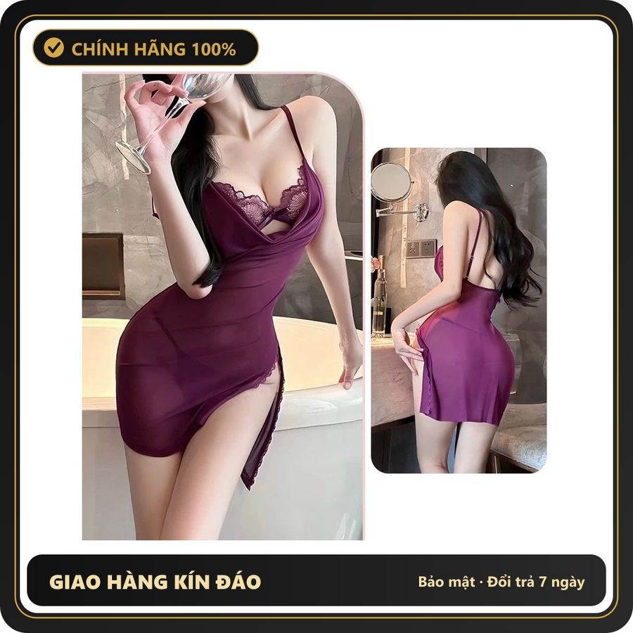 (Che Tên) Váy Ngủ 2 Dây Ren Mềm Mịn Xẻ Tà Hông Quyến Rũ Tinh Tế Đầm Body Quảng Châu Mặc Nhà Kèm Chip Xinh Gợi Cảm - N185 Tím - Hàng Mới Về
