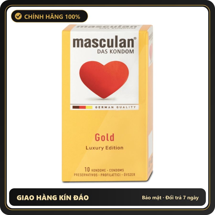 (Che Tên) Bao Cao Su Masculan Gold Mỏng Trơn Hương Vani Của Đức H10 Hộp Trắng Kín