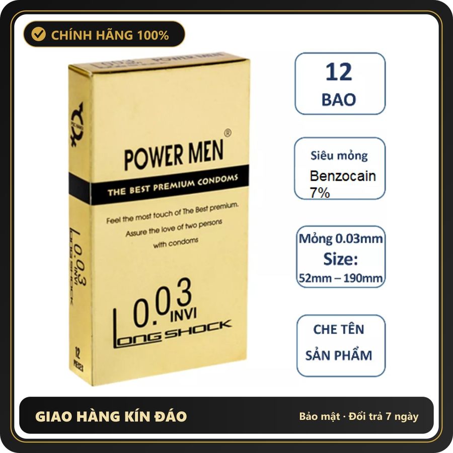 (Che Tên) Bcs Siêu Mỏng Tăng Thời Gian Cho Nam Power Men 0.03 Invi Long Shock Chuẩn Auth