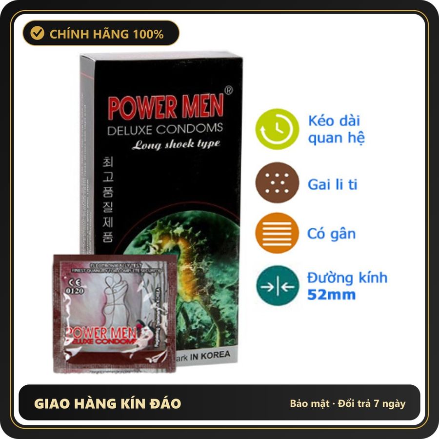 (Che Tên) Bao cao su cá ngựa đen Powermen có gai kéo dài thời gian Bảo Mật Tuyệt Đối