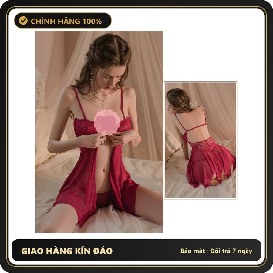 (Che Tên) Váy Ngủ Ren Xuyên Thấu Có Gọng Nâng Ngực Mềm Mịn Gợi Cảm Đầm 2 Dây Nữ Xẻ Tà Hở Lưng Quyến Rũ Cao Cấp - N133 Đỏ Chuẩn Auth