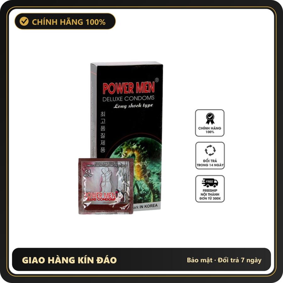 (Che Tên) Hộp 12 Chiếc - Bao Cao Su Powermen Cá Ngựa Kéo Dài Thời Gian Có Gân Gai - Hàng Mới Về