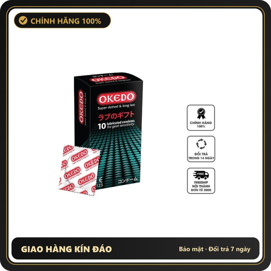 (Che Tên) Hộp 10 Chiếc Bao Cao Su Okedo Super Dotted & Long Last – Kéo Dài Thời Gian Chính Hãng Hộp Trắng Kín