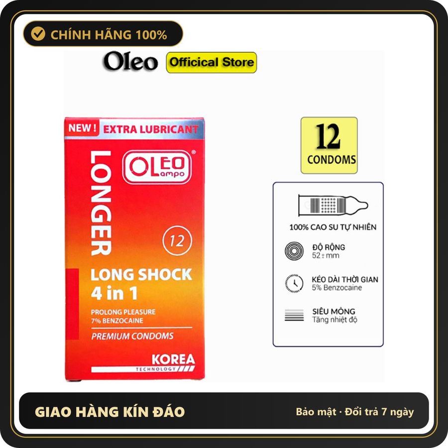 (Che Tên) Hộp 12 Cái Bao Cao Su Kéo Dài Thời Gian Oleo Lampo LONG SHOCK 4 in 1 Bảo Mật Tuyệt Đối