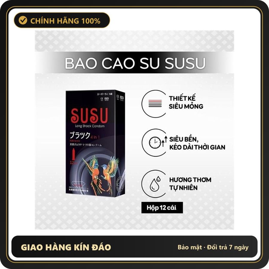 (Che Tên) Bao Cao Su SUSU 4in1 Hộp 12 Chiếc - Siêu Mỏng, Gai Nhẹ Kích Thích, Kéo Dài Thời Gian Quan Hệ Chuẩn Auth