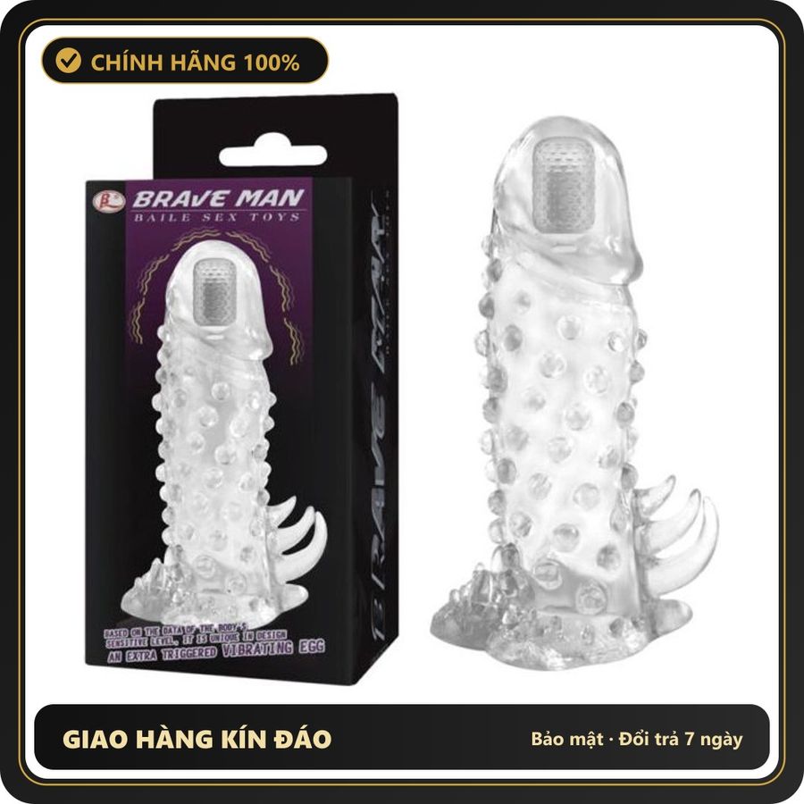 (Che Tên) Bao Cao Su Đôn Dên Gai Khủng Brave Man – Tăng Kích Thước 4cm, Tích Hợp Rung Đầu Kích Thích Sâu & Kéo Dài Thời Gian (Hộp 1 Cái) Hộp Trắng Kín