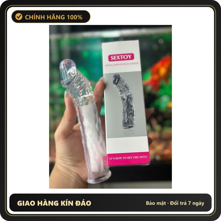 (Che Tên) Đôn Dên Crystal Growth Delay Condom – Silicon Trong Suốt Cao Cấp, Đôn Dài 6cm & Tăng Khoái Cảm (Hộp 1 Cái) Chuẩn Auth
