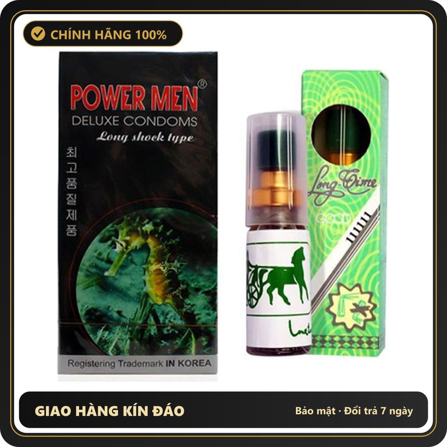 (Che Tên) [COMBO KÉO DÀI] Bao cao su Powermen 12c nhám li ti + xịt thái 5ml Cao Cấp Bảo Đảm