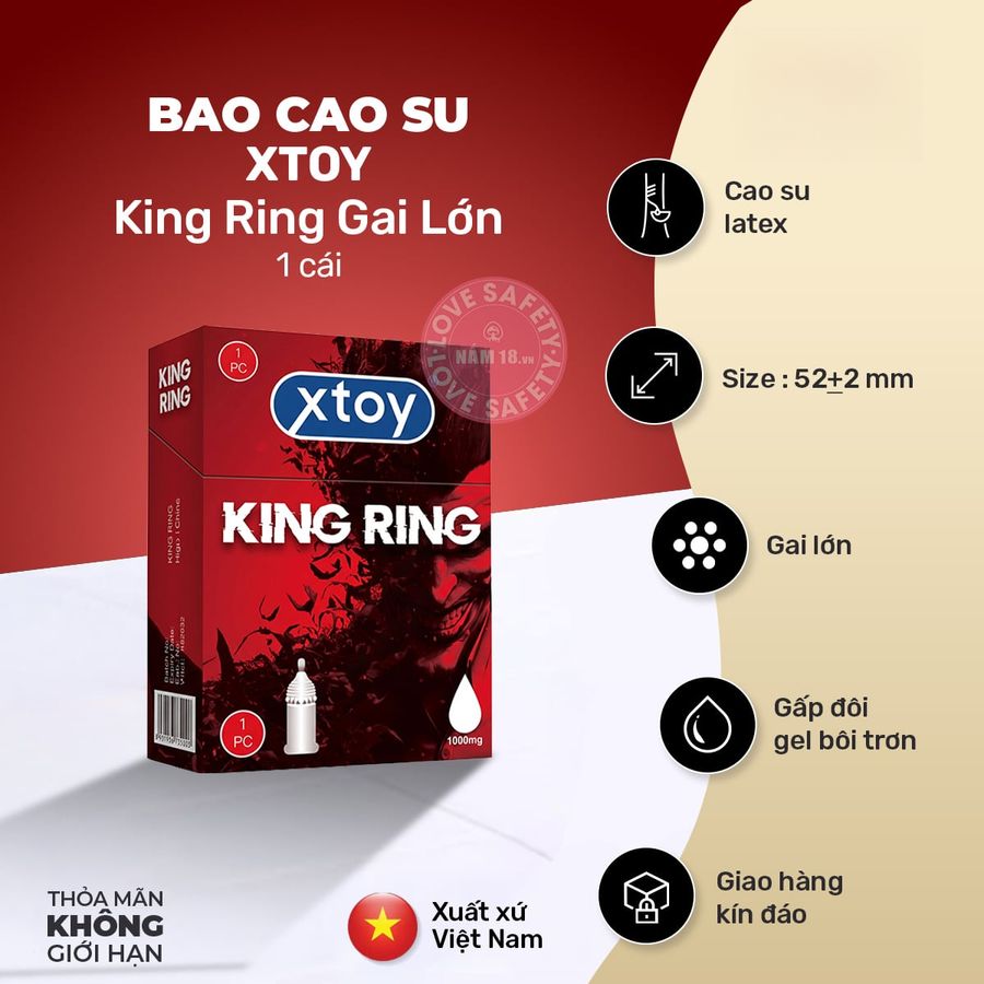 Bao Cao Su Xtoy King Ring Gai Lớn Hương Dâu chính hãng - siêu mỏng, có gai nổi, nhiều gel bôi trơn - giao hàng che tên kín đáo
