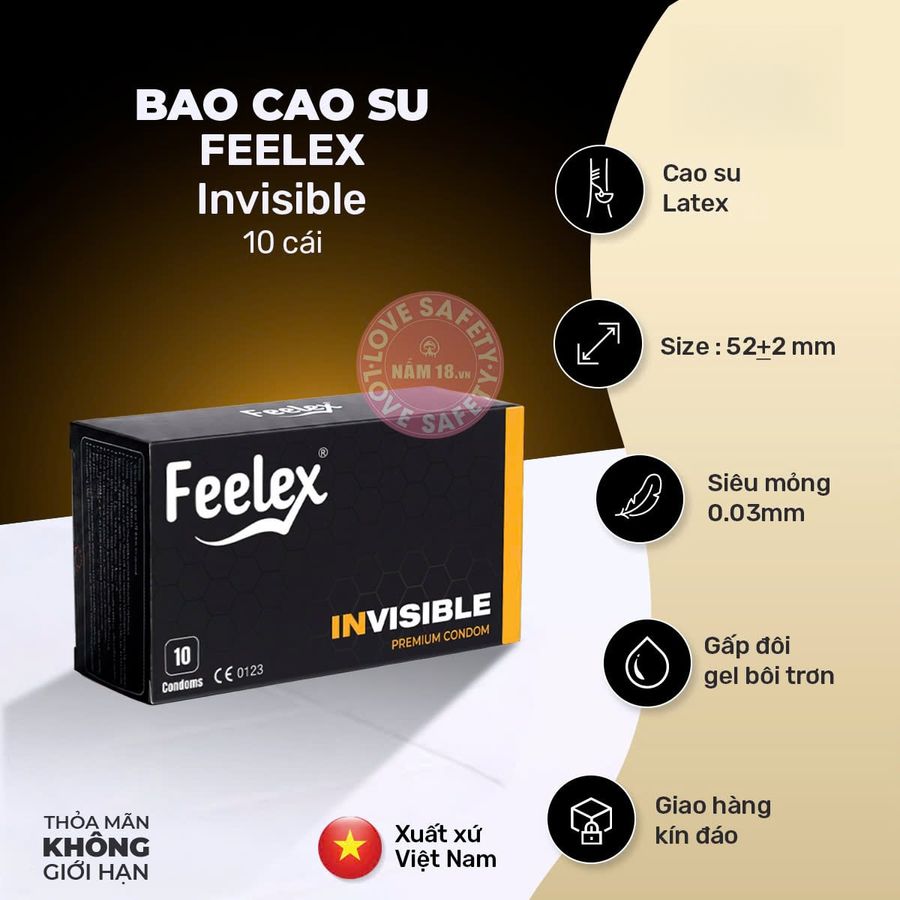 Bao Cao Su Siêu Mỏng Feelex Invisible chính hãng - siêu mỏng 0.03mm, có hương thơm, ôm sát cảm giác thật - giao hàng che tên kín đáo