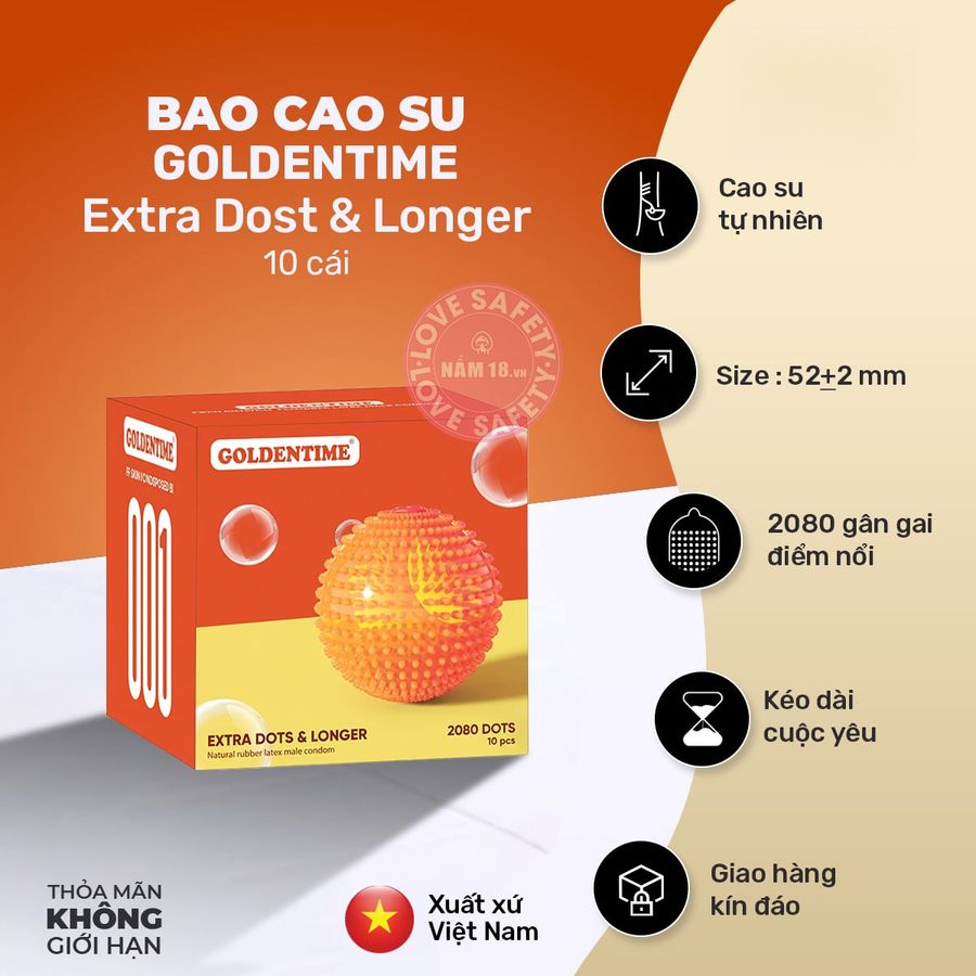 Bao Cao Su Gai Goldentime Extra Dots & Longer chính hãng - siêu mỏng, có gai nổi, hỗ trợ kéo dài - giao hàng che tên kín đáo