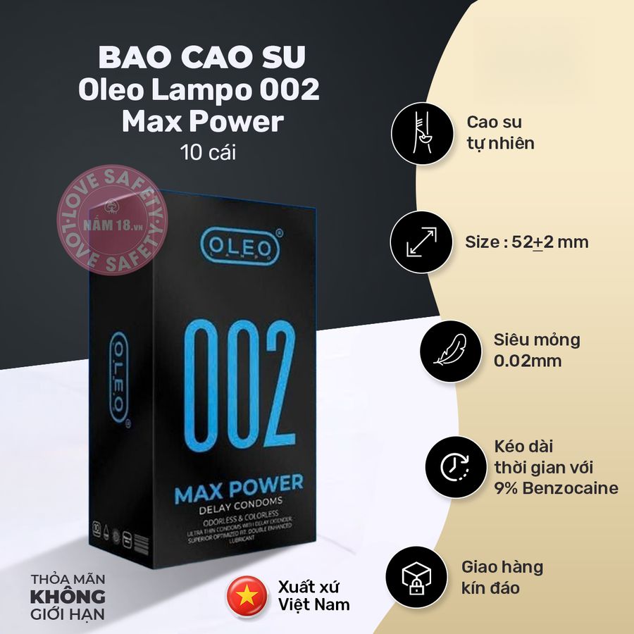 Bao Cao Su Kéo Dài Thời Gian Oleo Lampo 002 Max Power chính hãng - siêu mỏng 0.02mm, siêu mỏng, hỗ trợ kéo dài - giao hàng che tên kín đáo