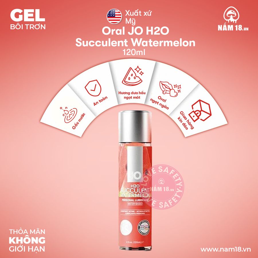 Gel Bôi Trơn Oral Jo H20 Succulent Watermelon chính hãng - gốc nước không dính rít, có dưỡng ẩm, dịu nhẹ an toàn cho da - giao hàng che tên kín đáo
