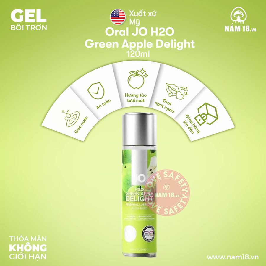 Gel Bôi Trơn Oral Jo H20 Green Apple Delight chính hãng - gốc nước không dính rít, dịu nhẹ an toàn cho da, dễ rửa sạch - giao hàng che tên kín đáo
