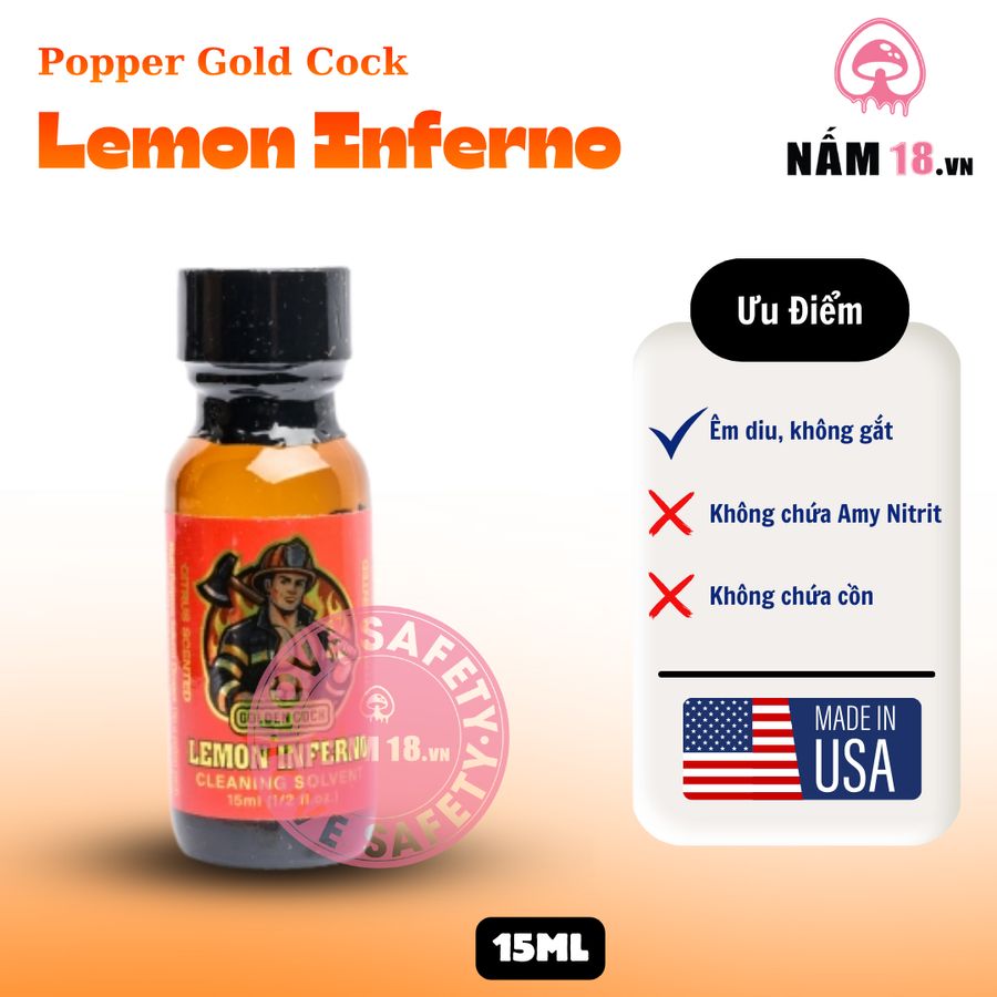 Popper Golden Cock Lemon Inferno chính hãng - hàng chuẩn nhập khẩu, nắp kín không bay hơi, dùng được nhiều lần - giao hàng che tên kín đáo