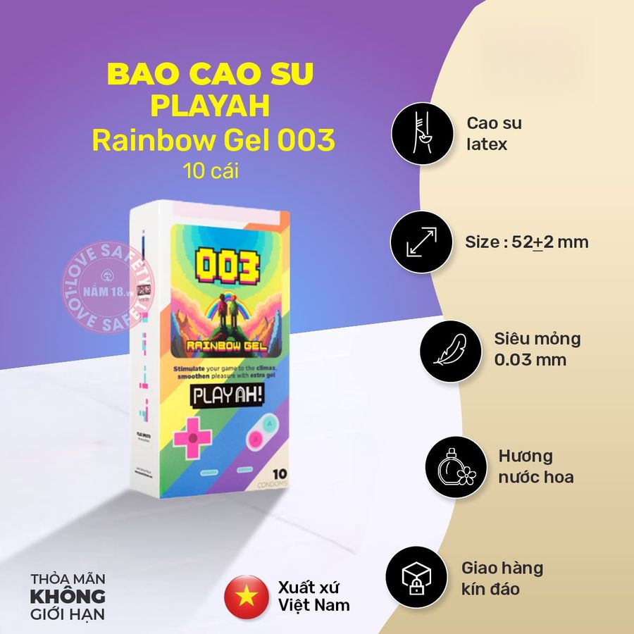 Bao Cao Su Siêu Mỏng PlayAh Rainbow Gel 003 chính hãng - siêu mỏng 0.03mm, có hương thơm, ôm sát cảm giác thật - giao hàng che tên kín đáo