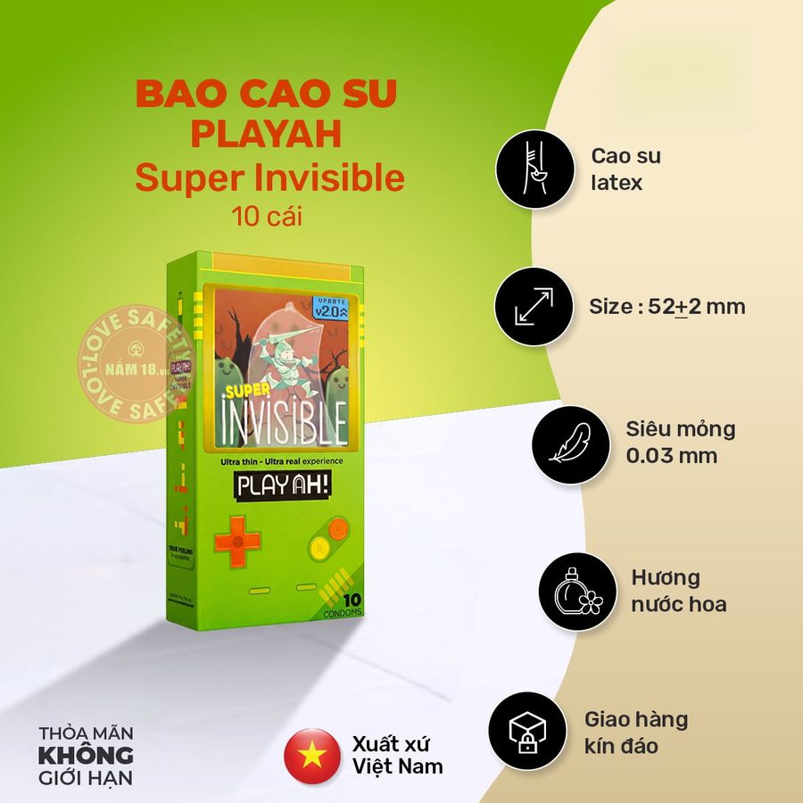 Bao Cao Su Siêu Mỏng PlayAh Super Invisible chính hãng - có hương thơm, ôm sát cảm giác thật, chất liệu latex an toàn - giao hàng che tên kín đáo