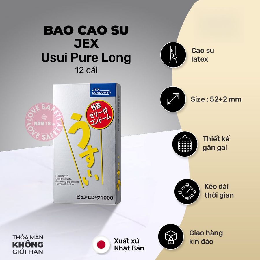 Bao Cao Su Kéo Dài Thời Gian Jex Usui Pure Long chính hãng - có gai nổi, hỗ trợ kéo dài, có hương thơm - giao hàng che tên kín hàng có sẵn