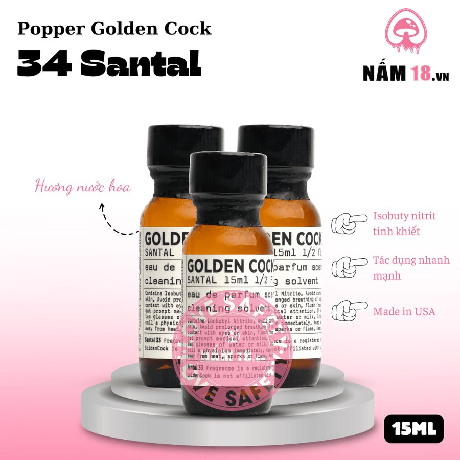 Popper Golden Cock 34 Santal chính hãng - hàng chuẩn nhập khẩu, nắp kín không bay hơi, dùng được nhiều lần - giao hàng che tên kín đáo