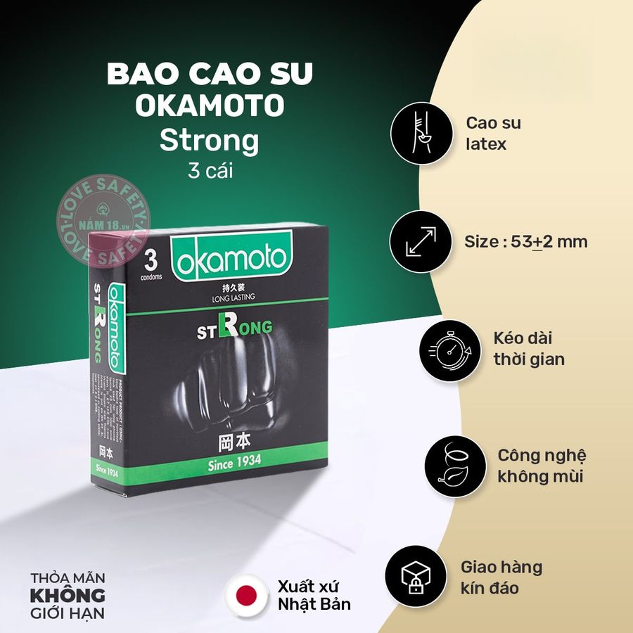 Bao Cao Su Kéo Dài Thời Gian Okamoto Strong chính hãng - siêu mỏng, hỗ trợ kéo dài, ôm sát cảm giác thật - giao hàng che tên kín đáo