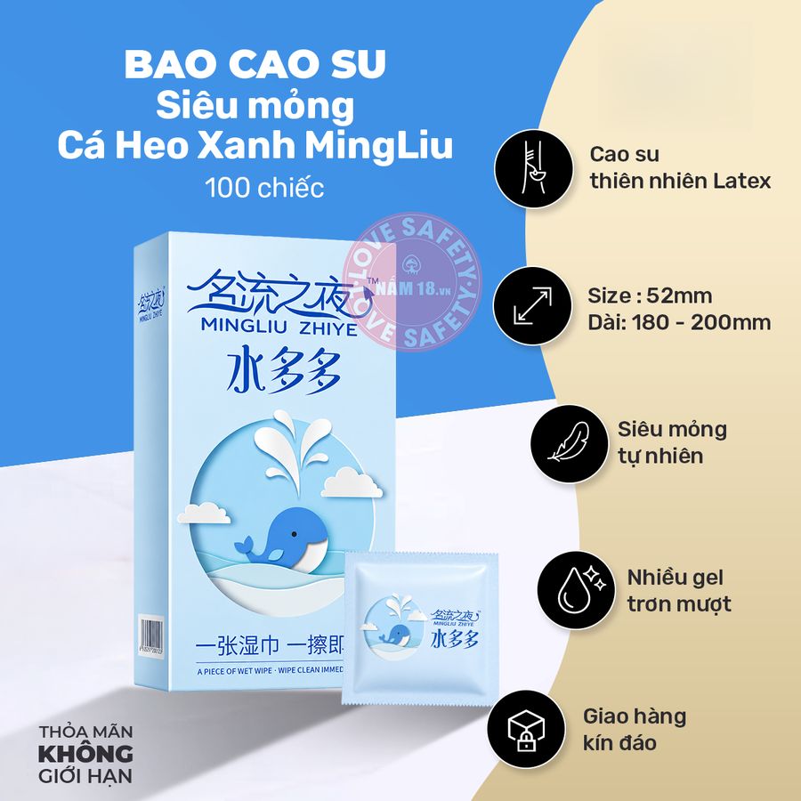 Bao Cao Su Gia Đình Siêu Mỏng Cá Heo Xanh MingLiu chính hãng - ôm sát cảm giác thật, chất liệu latex an toàn, hàng nhập khẩu - giao hàng che tên kín đáo
