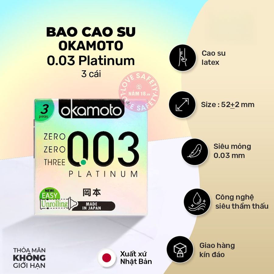 Bao Cao Su Siêu Mỏng Okamoto 0.03 Platinum chính hãng - siêu mỏng 0.03mm, ôm sát cảm giác thật, chất liệu latex an toàn - giao hàng che tên kín đáo