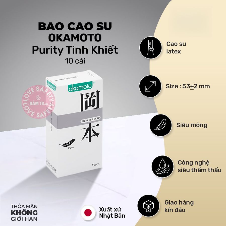 Bao Cao Su Okamoto Purity Tinh Khiết chính hãng - siêu mỏng 0.05mm, siêu mỏng, ôm sát cảm giác thật - giao hàng che tên kín đáo